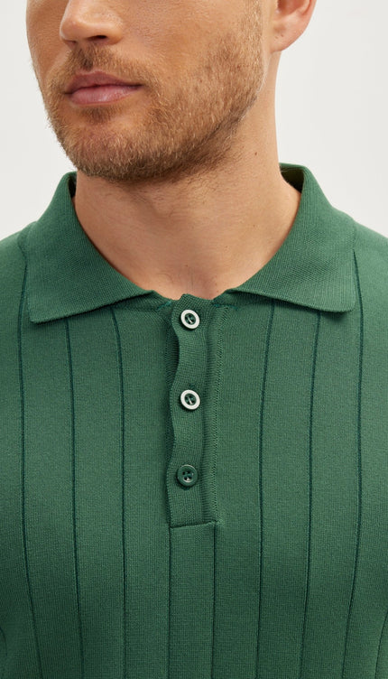 Slip-Stitch Polo Neck Long Sleeve Sweater - Green - Ron Tomson