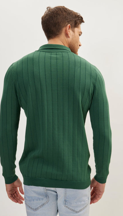 Slip-Stitch Polo Neck Long Sleeve Sweater - Green - Ron Tomson