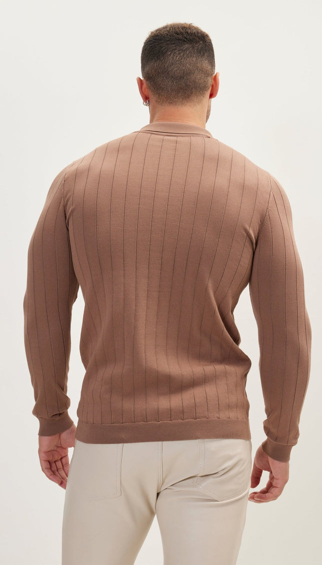 Slip-Stitch Polo Neck Long Sleeve Sweater - Light Brown - Ron Tomson