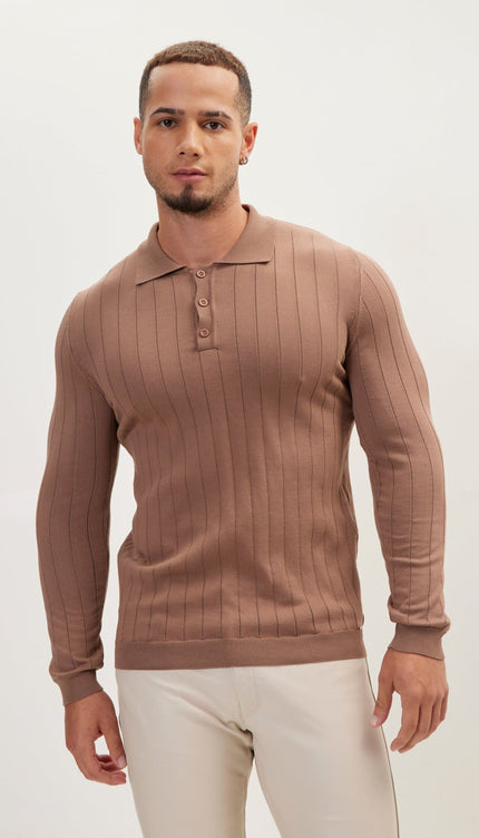 Slip-Stitch Polo Neck Long Sleeve Sweater - Light Brown - Ron Tomson