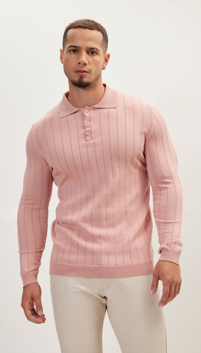 Slip-Stitch Polo Neck Long Sleeve Sweater - Rose - Ron Tomson