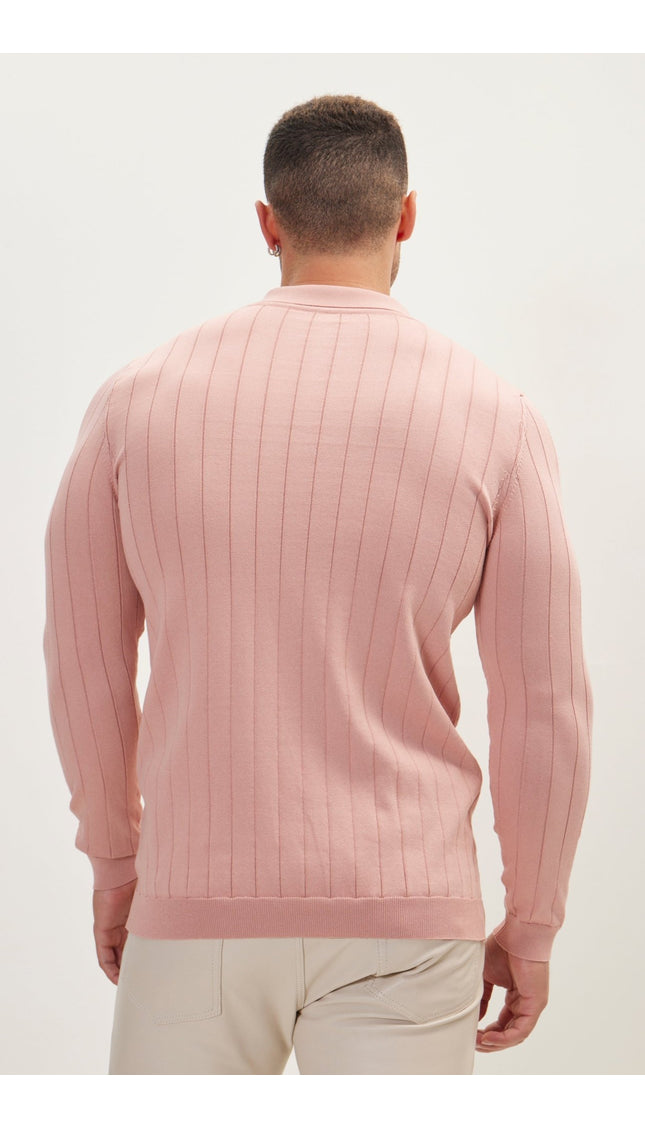 Slip-Stitch Polo Neck Long Sleeve Sweater - Rose - Ron Tomson