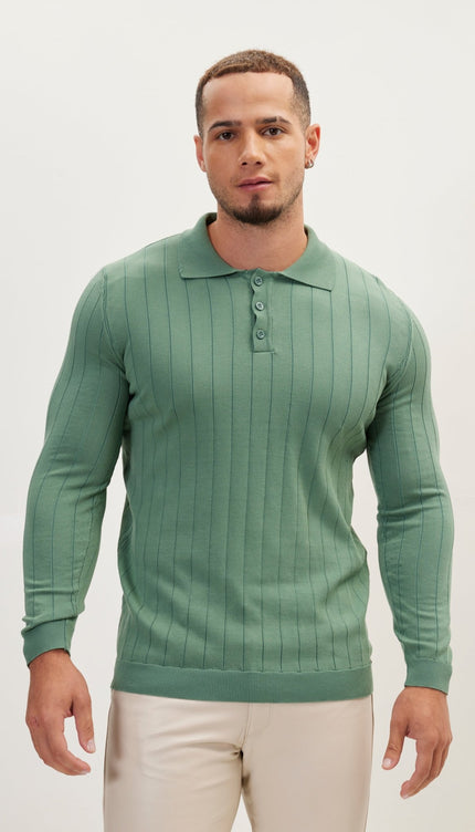 Slip-Stitch Polo Neck Long Sleeve Sweater - Teal Green - Ron Tomson