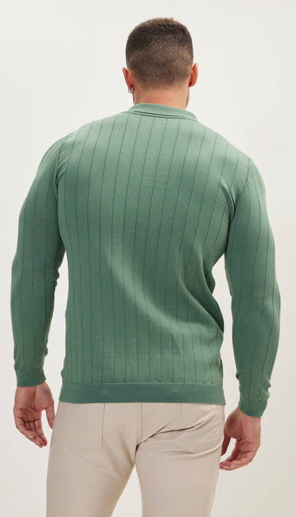 Slip-Stitch Polo Neck Long Sleeve Sweater - Teal Green - Ron Tomson