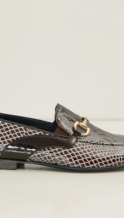 Snake Embossed Leather And Gold Metal Bit Loafer - Brown Beige - Ron Tomson