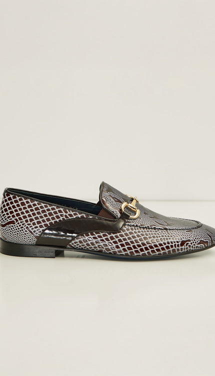 Snake Embossed Leather And Gold Metal Bit Loafer - Brown Beige - Ron Tomson