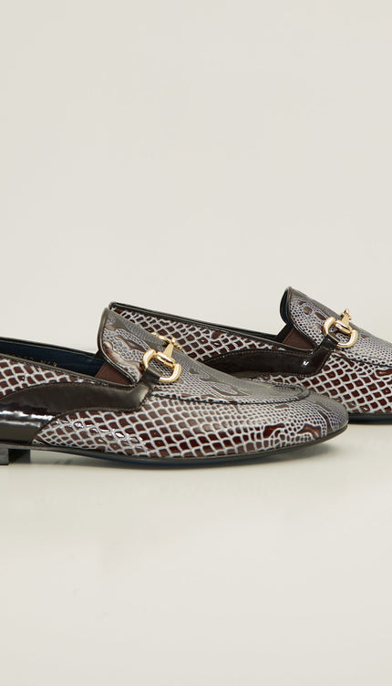 Snake Embossed Leather And Gold Metal Bit Loafer - Brown Beige - Ron Tomson