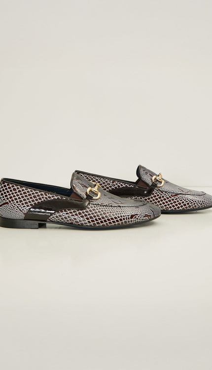 Snake Embossed Leather And Gold Metal Bit Loafer - Brown Beige - Ron Tomson