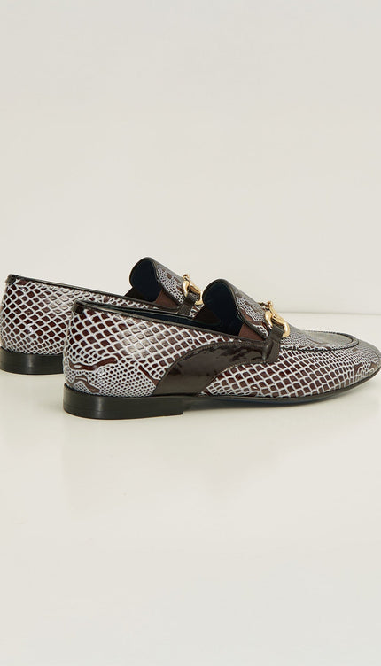 Snake Embossed Leather And Gold Metal Bit Loafer - Brown Beige - Ron Tomson