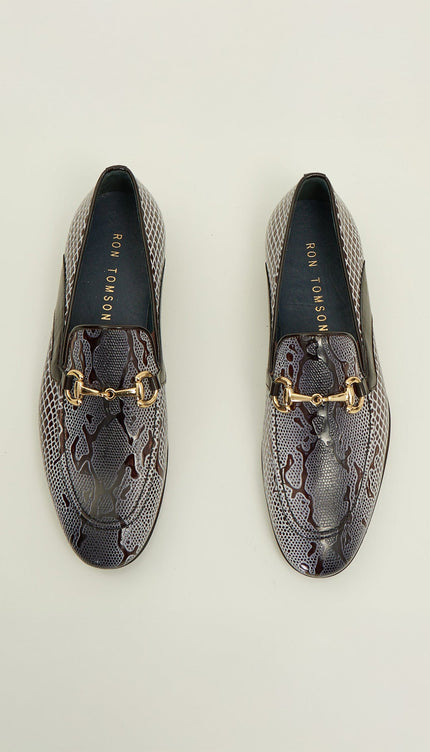 Snake Embossed Leather And Gold Metal Bit Loafer - Brown Beige - Ron Tomson