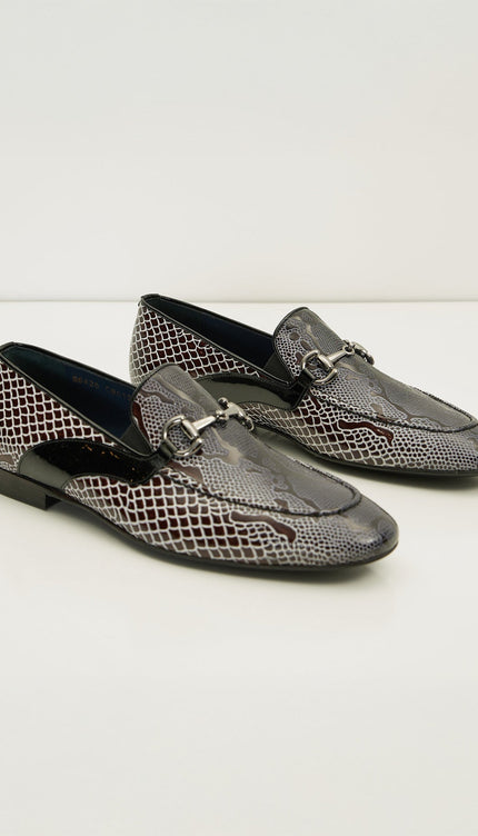 Snake Embossed Leather And Silver Metal Bit Loafer - Black Beige - Ron Tomson