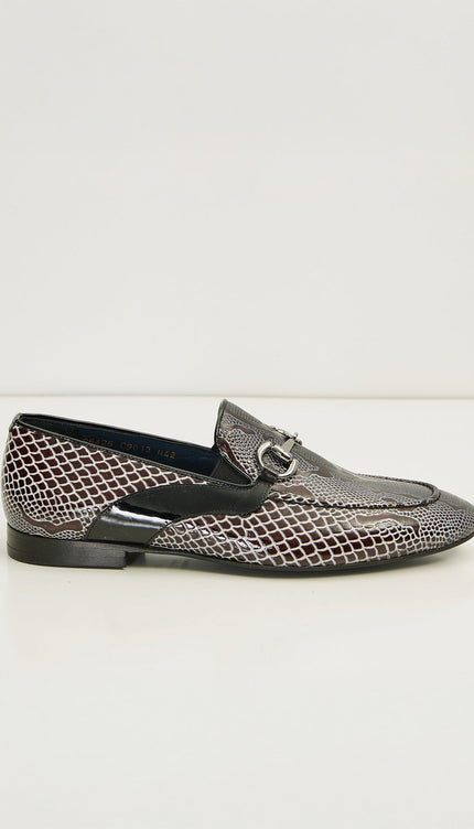 Snake Embossed Leather And Silver Metal Bit Loafer - Black Beige - Ron Tomson