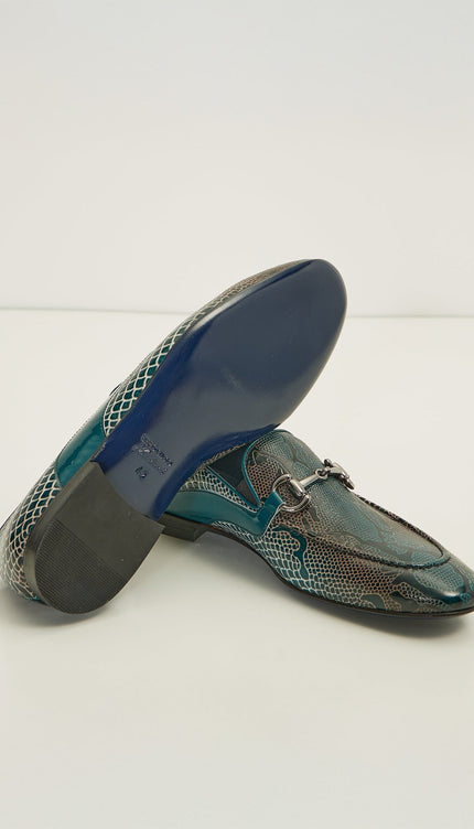 Snake Embossed Leather And Silver Metal Bit Loafer - Green Beige - Ron Tomson