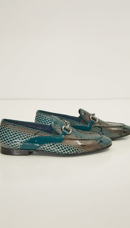 Snake Embossed Leather And Silver Metal Bit Loafer - Green Beige - Ron Tomson