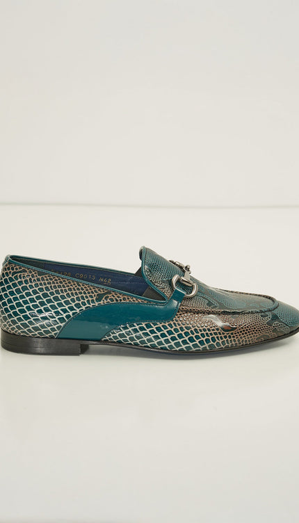 Snake Embossed Leather And Silver Metal Bit Loafer - Green Beige - Ron Tomson