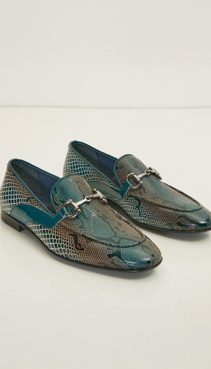 Snake Embossed Leather And Silver Metal Bit Loafer - Green Beige - Ron Tomson