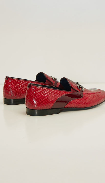 Snake Embossed Leather And Silver Metal Bit Loafer - Valentine Red - Ron Tomson