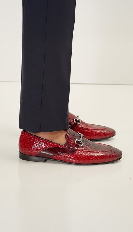 Snake Embossed Leather And Silver Metal Bit Loafer - Valentine Red - Ron Tomson