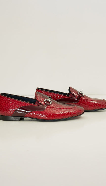 Snake Embossed Leather And Silver Metal Bit Loafer - Valentine Red - Ron Tomson