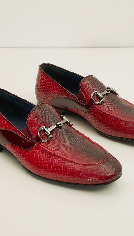 Snake Embossed Leather And Silver Metal Bit Loafer - Valentine Red - Ron Tomson