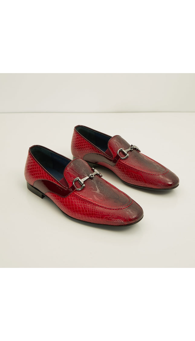 Snake Embossed Leather And Silver Metal Bit Loafer - Valentine Red - Ron Tomson