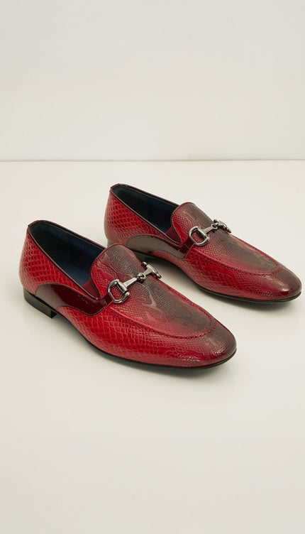 Snake Embossed Leather And Silver Metal Bit Loafer - Valentine Red - Ron Tomson