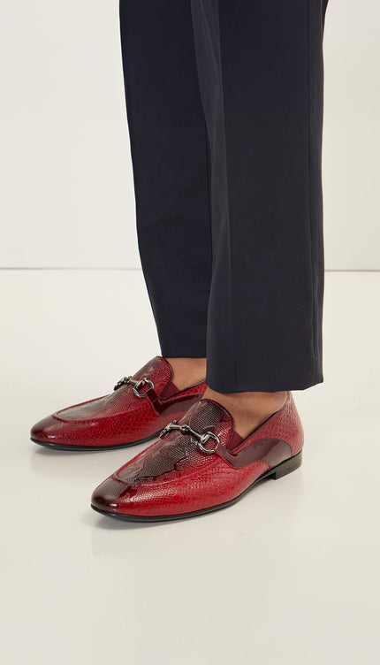 Snake Embossed Leather And Silver Metal Bit Loafer - Valentine Red - Ron Tomson