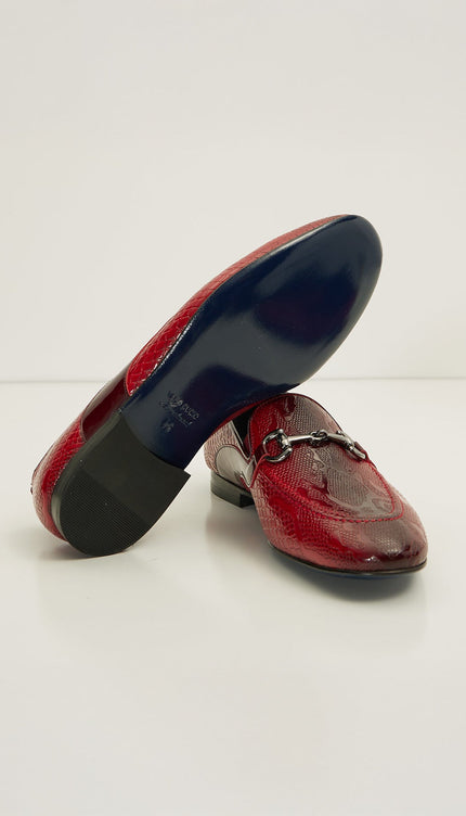 Snake Embossed Leather And Silver Metal Bit Loafer - Valentine Red - Ron Tomson