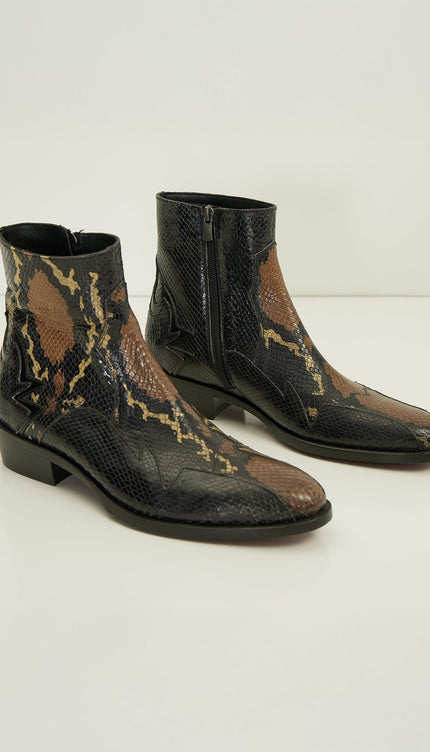 Snake Embossed Side Zip Chelsea Boots - Brown - Ron Tomson