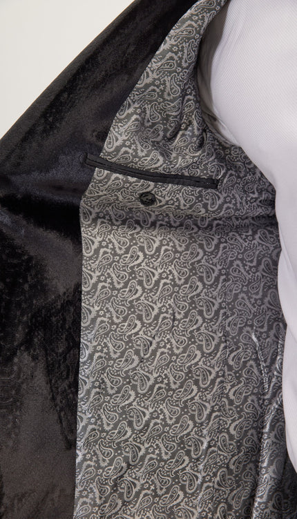 Snake Pattern Italian Cotton Velvet Tuxedo Jacket - Black - Ron Tomson