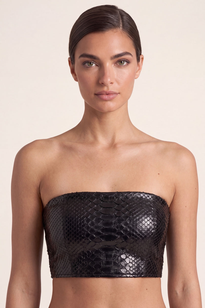 Snakeskin Leather Bandeau Top - Black
