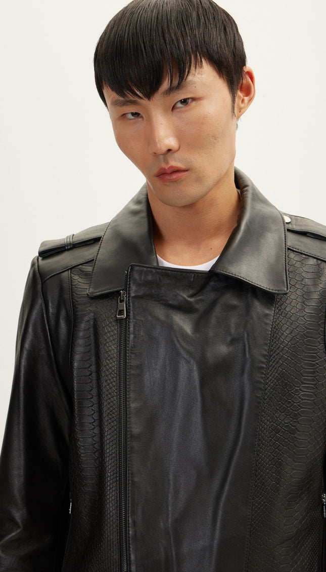 Snakeskin Embossed Side Panels Leather Jacket - Black - Ron Tomson