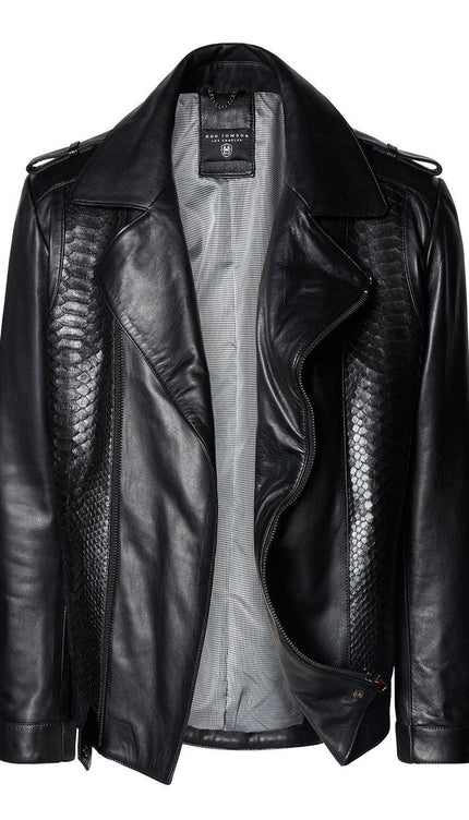 Snakeskin Embossed Side Panels Leather Jacket - Black - Ron Tomson
