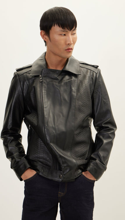 Snakeskin Embossed Side Panels Leather Jacket - Black - Ron Tomson