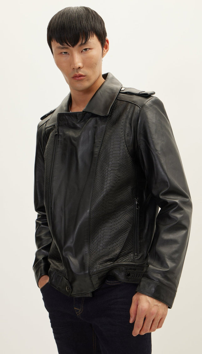 Snakeskin Embossed Side Panels Leather Jacket - Black - Ron Tomson