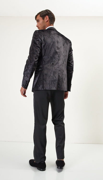 Snakeskin Pattern Cotton Velvet Tuxedo Jacket - Black - Ron Tomson