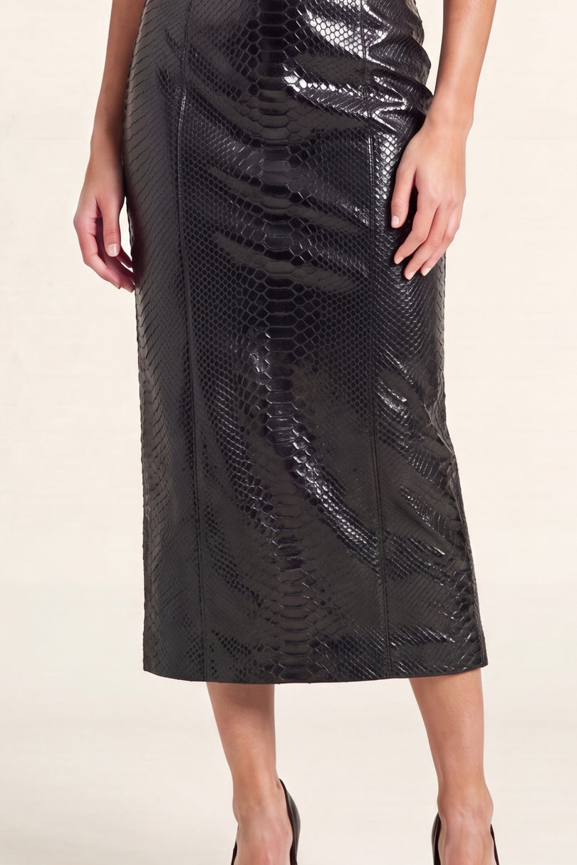 Snakeskin Leather Pencil Skirt - Black - python scale detail, waist to hem