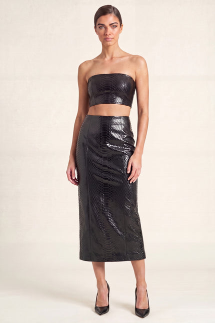 Snakeskin Leather Pencil Skirt - Black - front