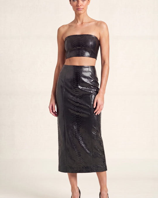 Snakeskin Leather Pencil Skirt - Black - front