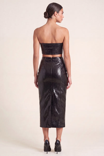 Snakeskin Leather Pencil Skirt - Black - back with vent