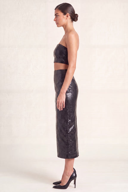 Snakeskin Leather Pencil Skirt - Black - side profile