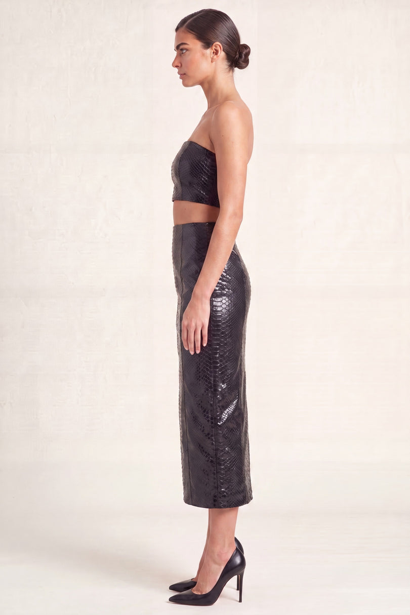 Snakeskin Leather Pencil Skirt - Black - side profile