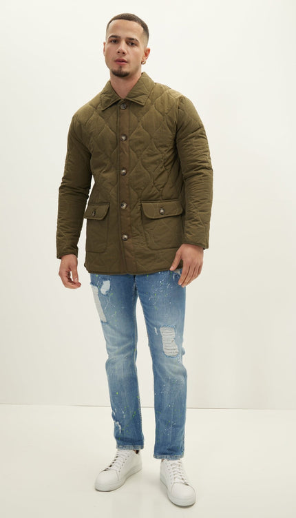 Snap Button Closure Autumn Coat - Khaki - Ron Tomson