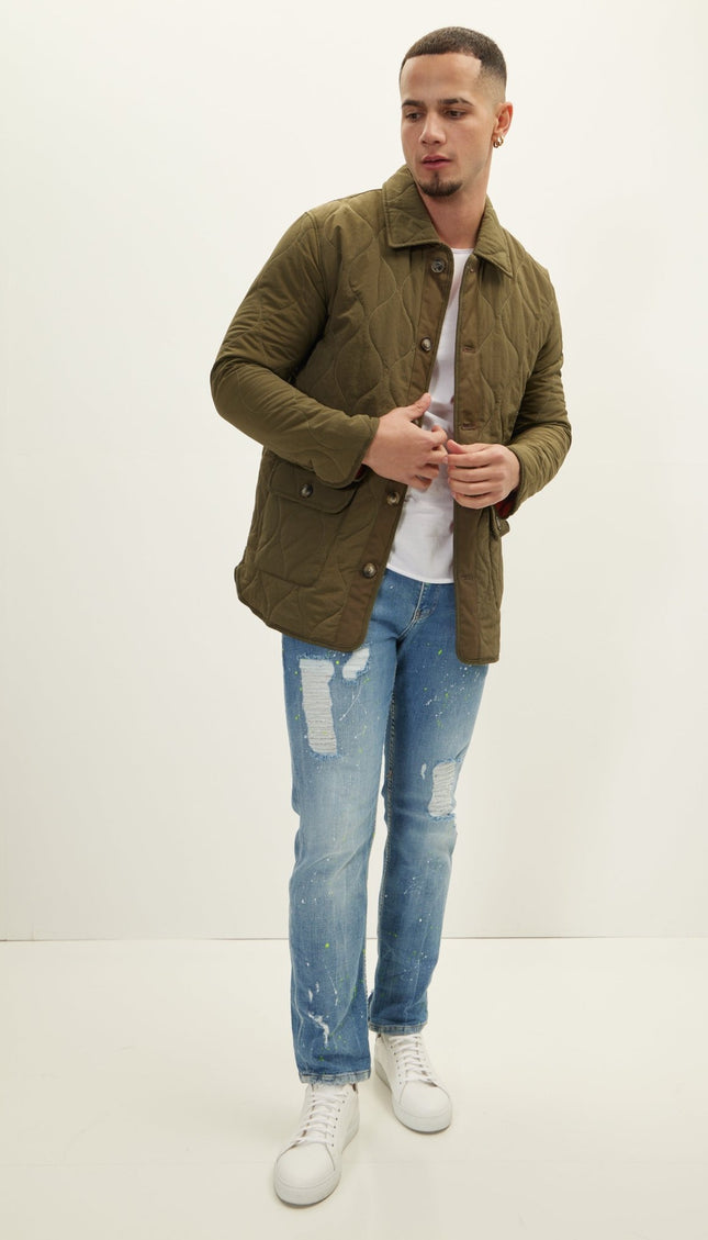 Snap Button Closure Autumn Coat - Khaki - Ron Tomson