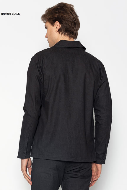 Snap Button Cotton Blend Shirt - Black - Ron Tomson