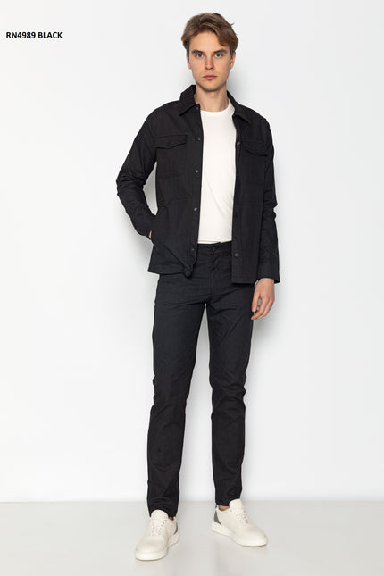 Snap Button Cotton Blend Shirt - Black - Ron Tomson