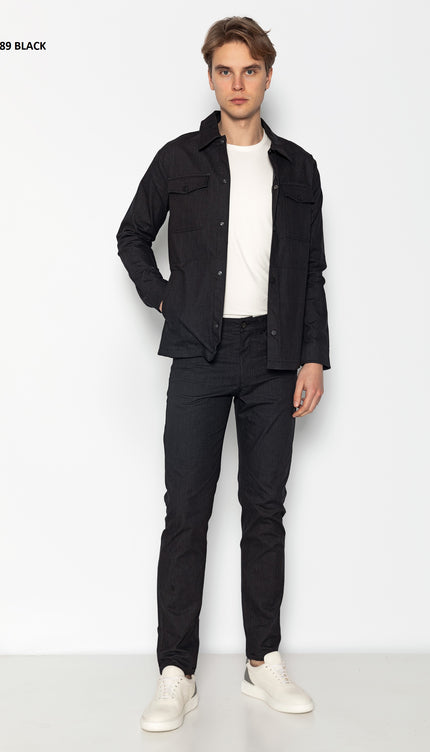 Snap Button Cotton Blend Shirt - Black - Ron Tomson