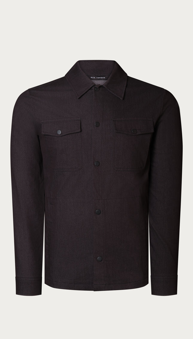 Snap Button Cotton Blend Shirt - Black - Ron Tomson