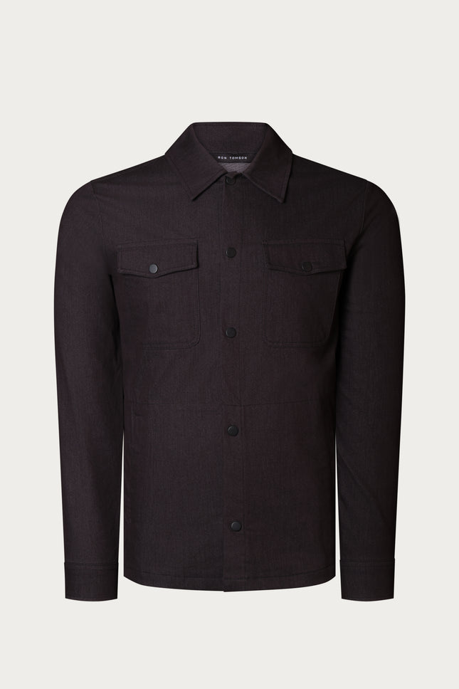 Snap Button Cotton Blend Shirt - Black - Ron Tomson