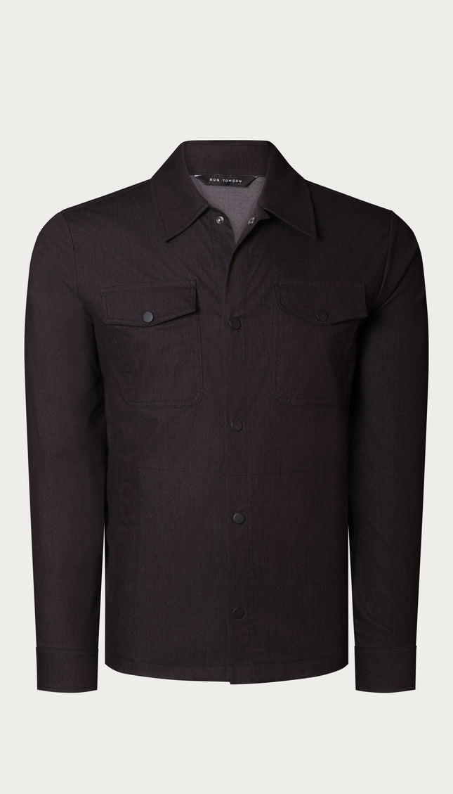 Snap Button Cotton Blend Shirt - Navy - Ron Tomson